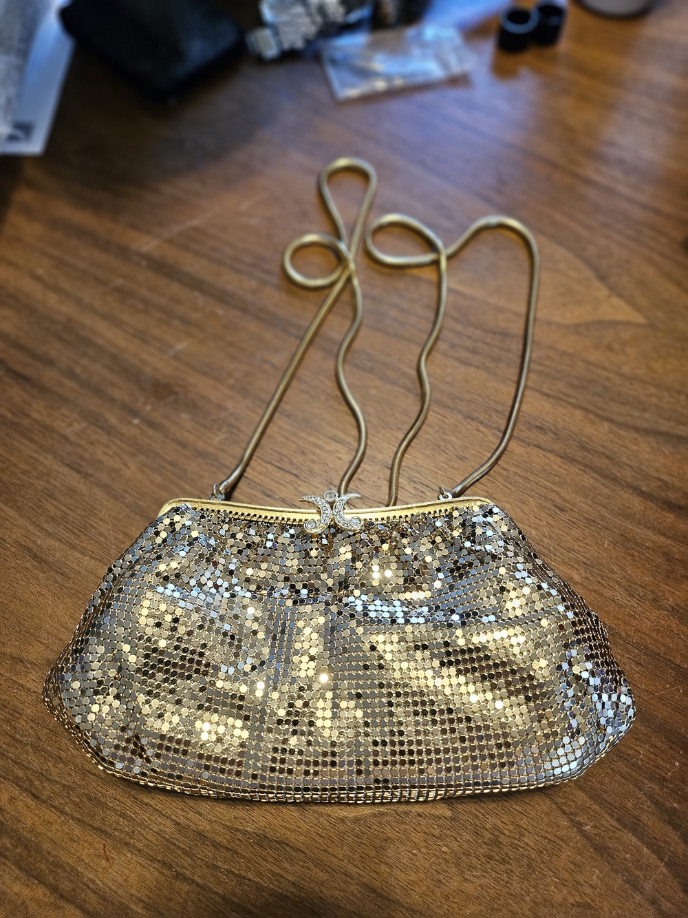 Unused Vtg Whiting & Davis Gold Mesh Evening Bag with Chain Strap Rhinestones